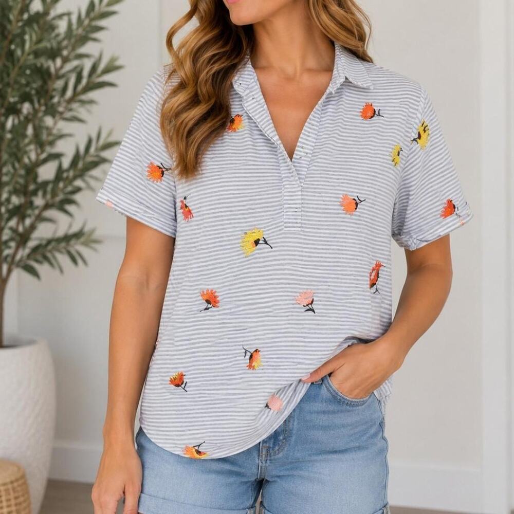 Lands’ End Striped Embroidered Floral Polo Top – Size L